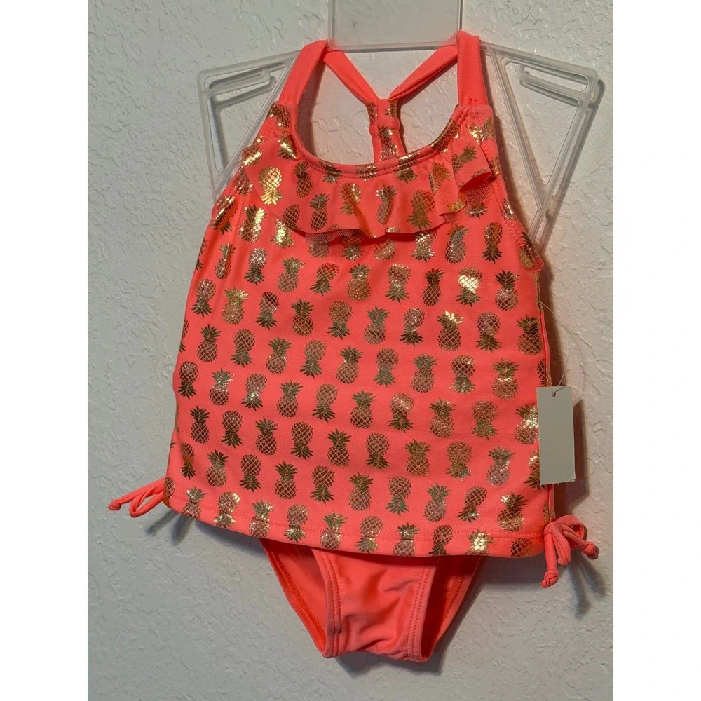 Real Love Girls Pink Gold Pineapple Tankini Swimsuit 2 Piece Set‎ 24M NEW